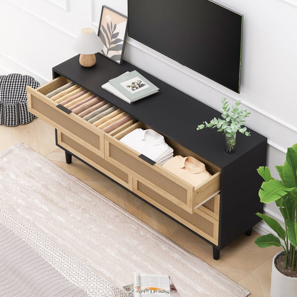 English Elm 59.06"6-Drawers Rattan Storage Cabinet with Smooth White Slides, Durable Woven Design for Home Use Black W757P162759