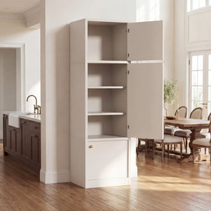 English Elm Tall Slim Freestanding Pantry Cabinet with Adjustable Shelves and Drawer for Small Spaces White B2764P483843