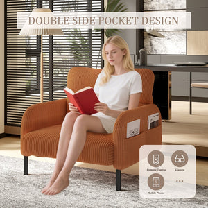 English Elm UNITED Corduroy Accent Chair with Ergonomic Curve, High-Density Foam Seat & Dual Side Pockets for Cozy Living Spaces Orange W1568P307259