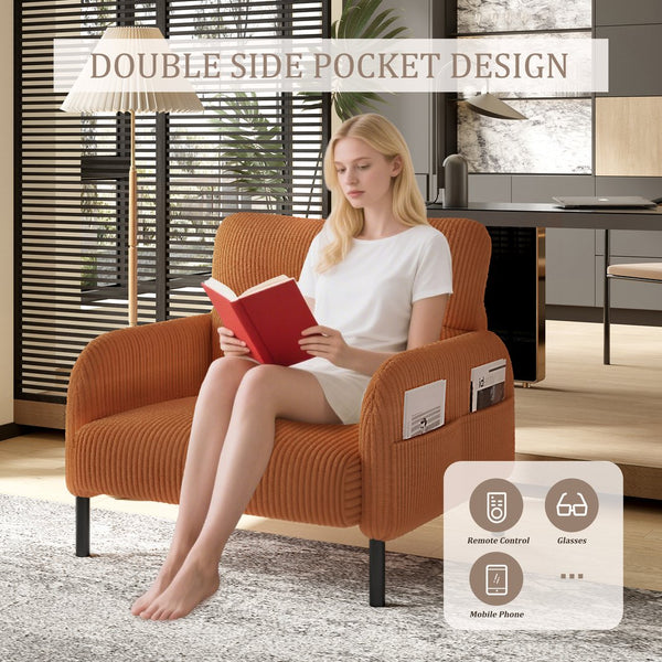 English Elm UNITED Corduroy Accent Chair with Ergonomic Curve, High-Density Foam Seat & Dual Side Pockets for Cozy Living Spaces Orange W1568P307259