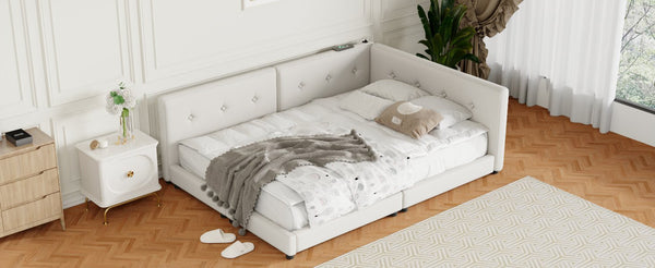 English Elm Upholstered Queen Platform Bed with Linen Cover, USB Ports, Clean Silhouette, Sturdy Wood Frame Beige GX000555AAA