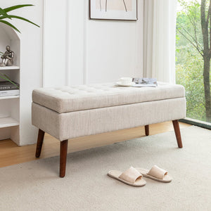 English Elm Storage Bench Upholstered Linen Entryway Ottoman with 300 lb Capacity, Hidden 7.8" Storage, Solid Wood Legs Off White W2200P152169