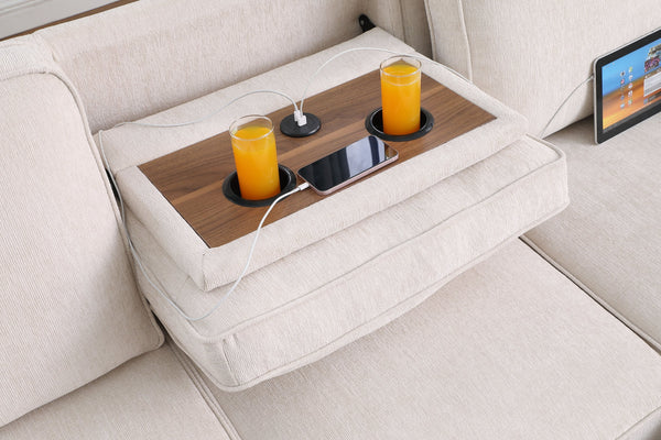 English Elm Mackenzie Chenille Fabric Reversible Sleeper Sectional with Storage Chaise, Drop-Down Console and USB Charging Ports Beige B061S00935