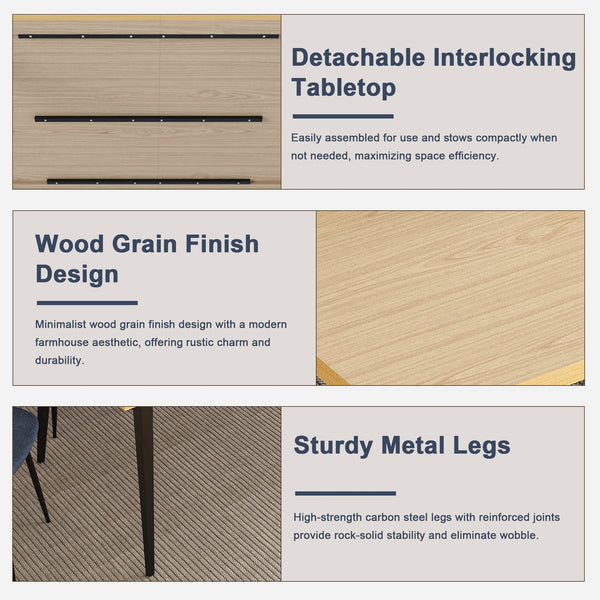 English Elm 63-Inch Rustic Industrial Dining Table Set With 4 Blue Chairs, Durable Iron Legs For Home & Patio W2699S00066