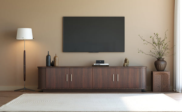 English Elm 70-inch Media Console with Sliding Groove Doors Solid Pine Legs and Cable Management N710P427898P