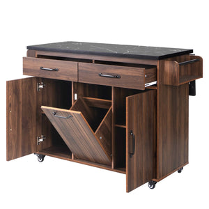 English Elm K&K Kitchen Island with Tilt-Out Trash Can, Drop Leaf Counter, Adjustable Shelf, Rolling Cart Walnut Brown WF326381AAZ