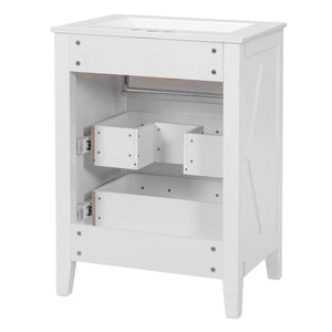 English Elm 24'' Bathroom Vanity with Ceramic Sink and 3 Drawers Retro Solid Wood Frame Freestanding Storage White N710P371184K