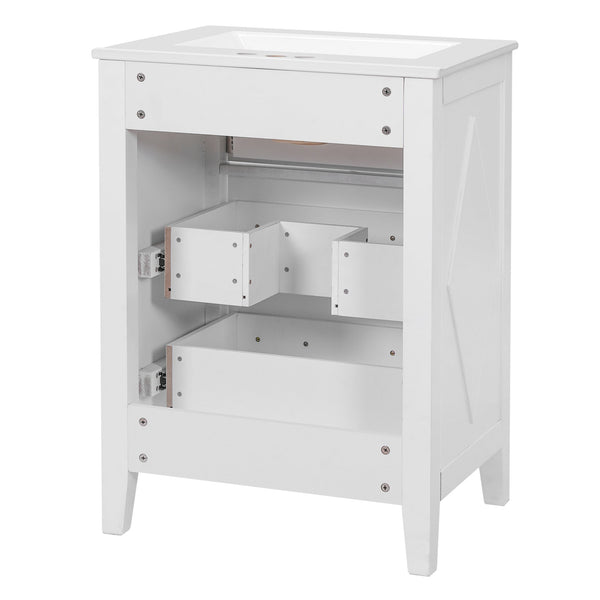 English Elm 24'' Bathroom Vanity with Ceramic Sink and 3 Drawers Retro Solid Wood Frame Freestanding Storage White N710P371184K