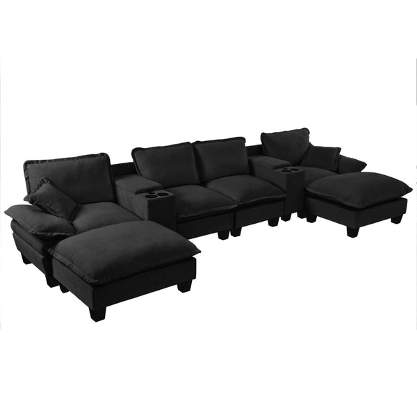 English Elm Modular U-shaped Chenille Sectional Sofa with Storage Consoles Usb Charging and Ottomans Black W3163S00125