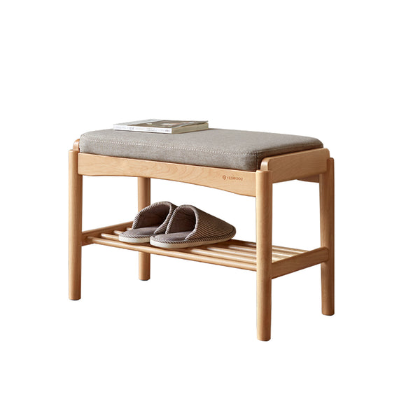 English Elm (Gray) Natural Solid Wood Shoe Bench with Storage, Mid-Century Beech Design, Padded Cushion, Eco-Friendly Durable Seating W1283P401287