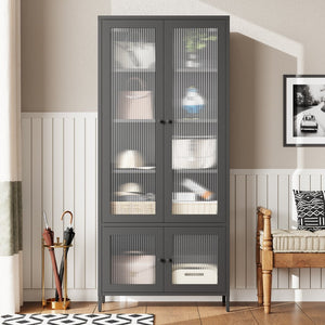 English Elm Large Metal Storage Cabinet with Fluted Tempered Glass Doors, 5-Shelf Steel Bookcase for Home Office W2378P176272