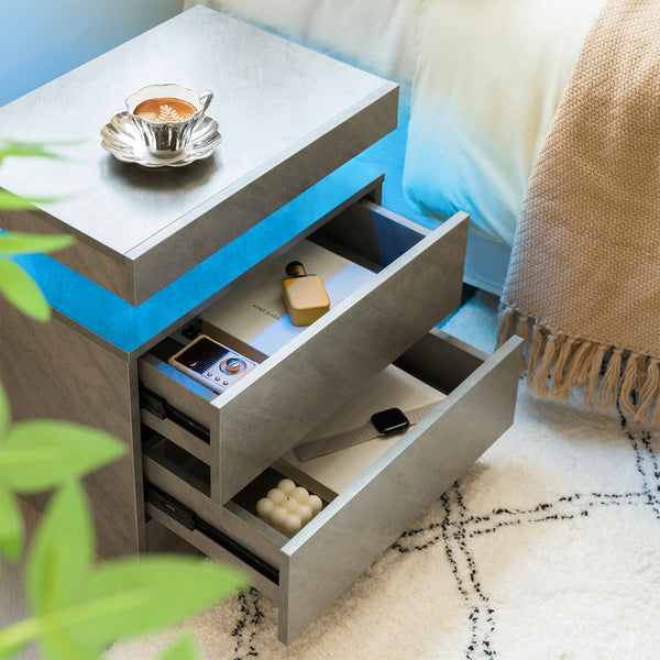 English Elm Nightstand with Multi-Color Adjustable LED Lights and Two Drawers for Bedroom or Living Room Use Gray 23 L x 17 W x 8 H W2178P286717