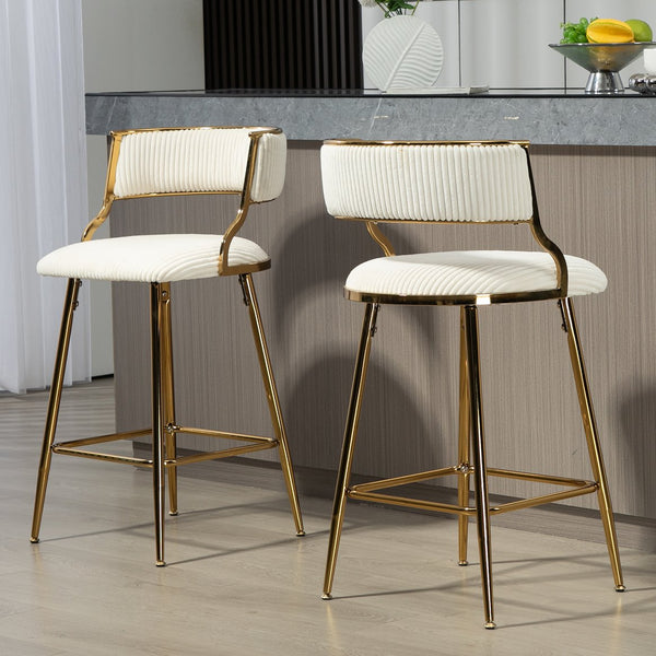 English Elm (SET of 2) 26" Counter Bar Stools Corduroy Beige with Backrest, Gold Chrome Base & Footrest, Plush Seat W2215P195291