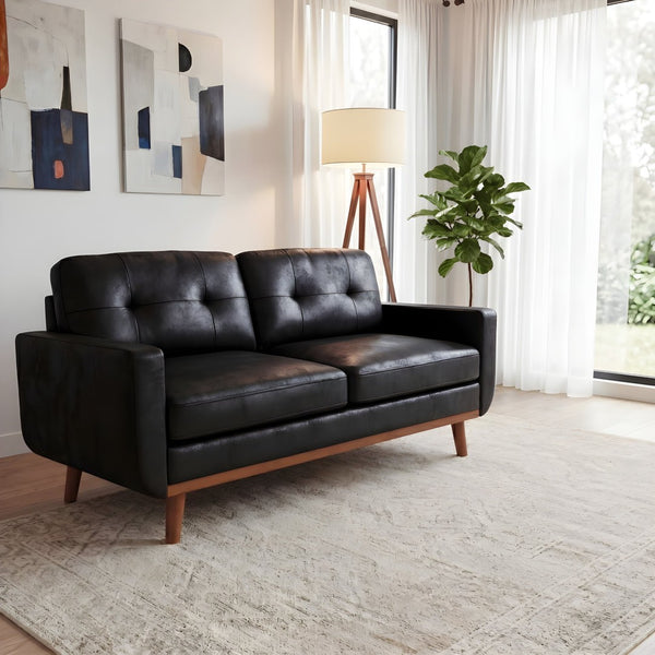 English Elm 65-inch Two Seat Sofa Breathable Foil Fabric Diamond Quilted Back Solid Wood Legs Black W5568P478823