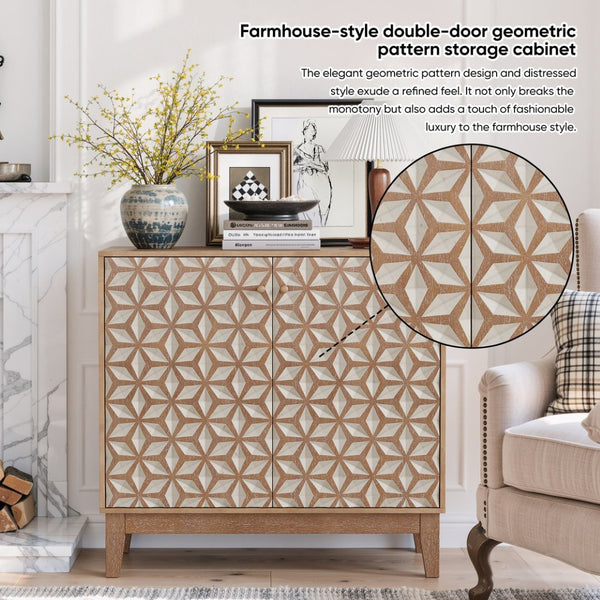 English Elm 31.5-inch Farmhouse Sideboard Geometric Doors Distressed Wood Finish Dining Storage Cabinet W1706P311104