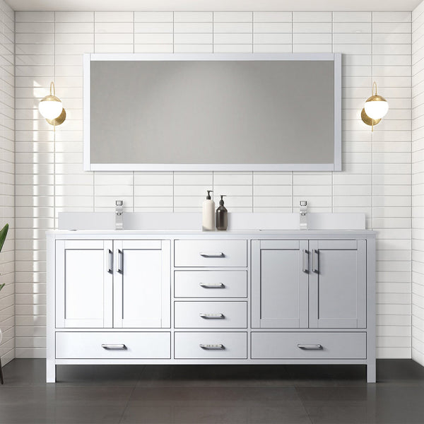 English Elm White Double Bath Vanity 72in W x 22in D with Cultured Marble Top, Chrome Faucet & Large Mirror, Durable B2731S01022
