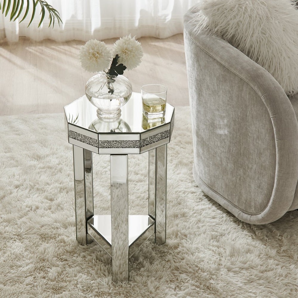 English Elm Mirrored Octagon End Table with Crystal Inlay, 2-Tier Silver Accent Sofa Table for Small Spaces W1005P362467