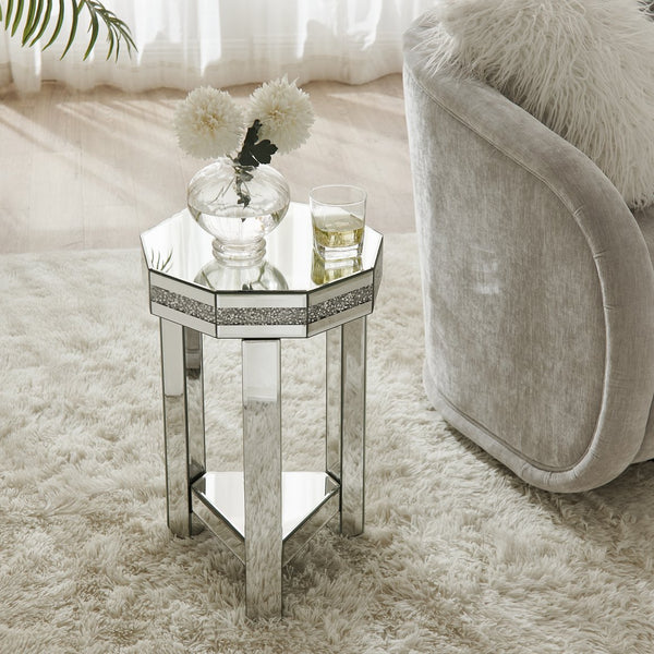 English Elm Mirrored Octagon End Table with Crystal Inlay, 2-Tier Silver Accent Sofa Table for Small Spaces W1005P362467