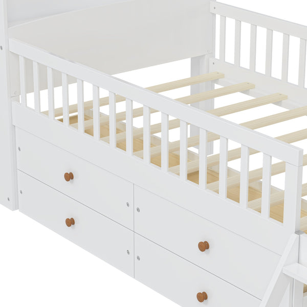 English Elm Twin Bed Frame with Storage Drawers and House Headboard, Kids Platform Bed with Guardrail Ladder and Shelf White 49.3 L x 16.25 W x 7.75 H N733S278032K