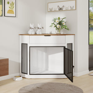 English Elm 44.6'' Corner Mdf Dog Kennel Cabinet with Fluted Drawer End Table for Modern Living White W5216P415904