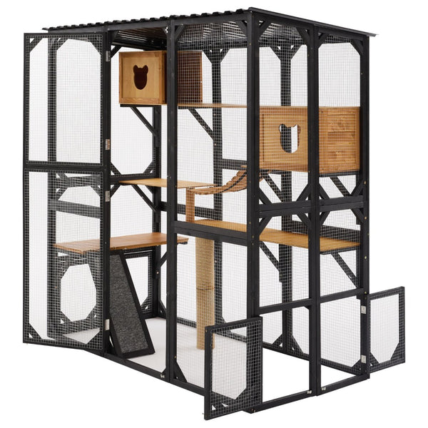 English Elm Outdoor Fir Wood Window Catio Enclosure with Four Climbing Platforms for Cats Black,Brown N719P418377D