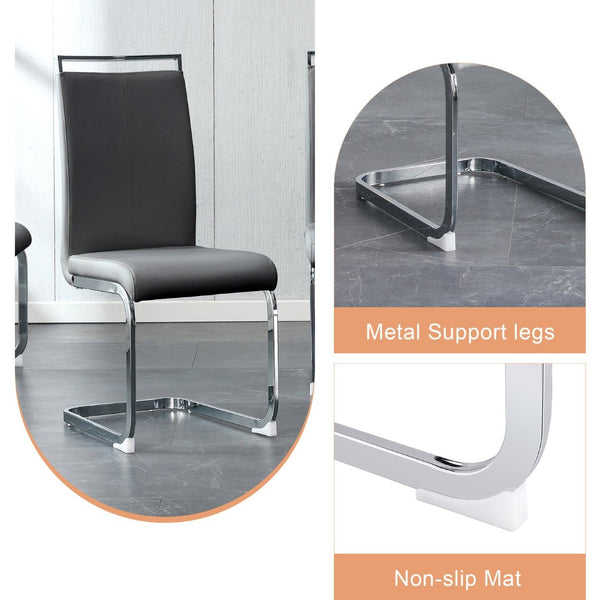 English Elm Table Modern Elegant Dining Set - 71" Marble Pattern Top With 6 Dark Gray Pu Chairs & Silver Legs W1151S02118-GIGA