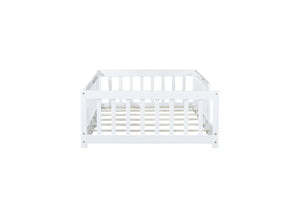 English Elm Twin Size Floor Bed With Safety Guardrails - Durable Rubberwood, Minimalist White Design For Kids W504P286396-GIGA