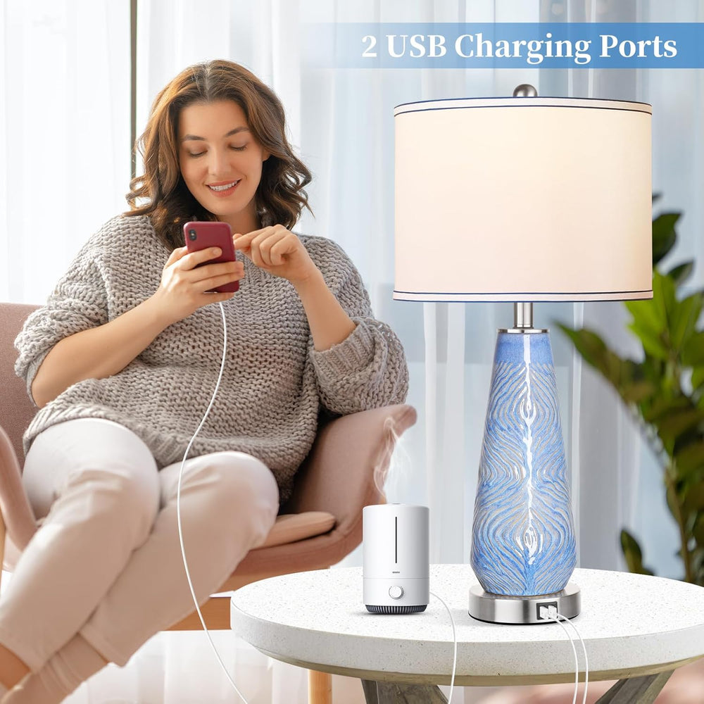 English Elm Modern Ceramic Blue Table Lamps Set of 2 — 27" Touch Control, 3-Way Dimmable with Dual USB Ports W3355P323228
