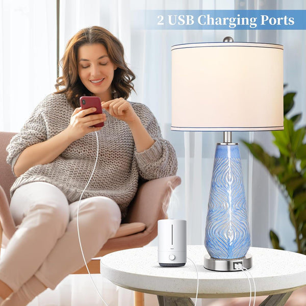 English Elm Modern Ceramic Blue Table Lamps Set of 2 — 27" Touch Control, 3-Way Dimmable with Dual USB Ports W3355P323228