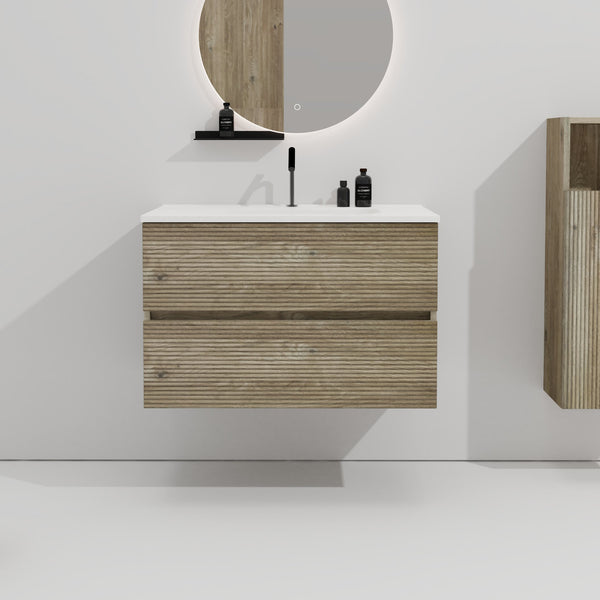 English Elm Gloria 30" Wall Mounted Rough Oak Bathroom Vanity With Integrated Sink & Soft-Closing Drawers, Kd W1865S00121