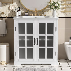 English Elm Christopher Knight Home® - 30" Modern Bathroom Vanity with Ceramic Sink, Tempered Blurred Glass Doors, Rubber Wood Frame Storage White N817P279904W