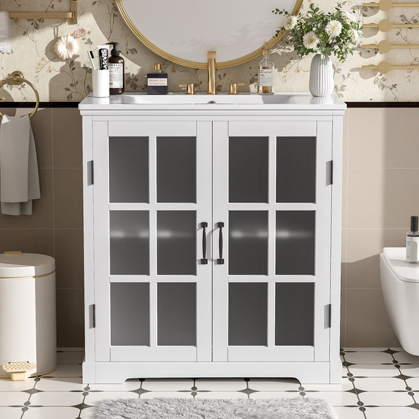 English Elm Christopher Knight Home® - 30" Modern Bathroom Vanity with Ceramic Sink, Tempered Blurred Glass Doors, Rubber Wood Frame Storage White N817P279904W