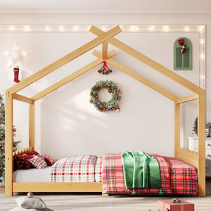 English Elm Queen House Frame Floor Bed Solid Pine Montessori Low Profile Kids Bedroom Natural W1580P387849