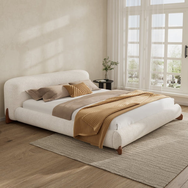 English Elm Queen Boucle Platform Bed Curved Padded Headboard Solid Wood Legs Modern Bedroom N757Q333874W
