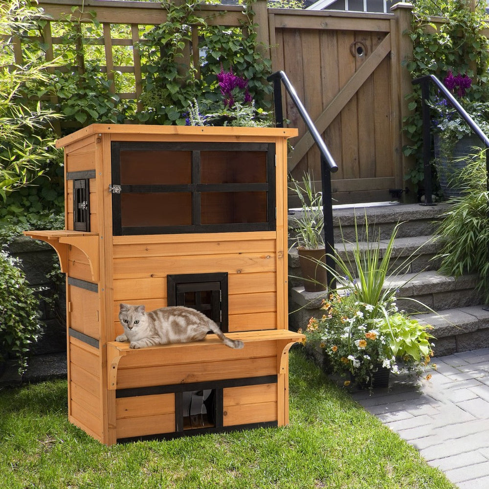 English Elm Pawhut Three Story Fir Wood Cat Condo Raised Floor Asphalt Roof Outdoor Shelter W2225P173761