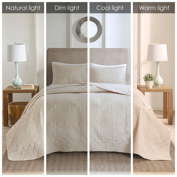 JLA Home 510 Design - 3 Reversible Bedspread Set Oversized Quilted Medallion Microfiber 3-Piece Hypoallergenic Washable Elegance Cream 5DS13-0167