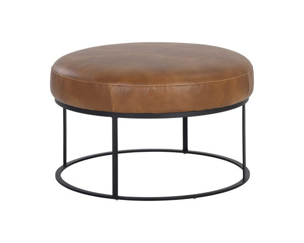 Sunpan ELGIN Round Ottoman in Tobacco Tan Faux Leather - Stylish Accent Seat with Durable Iron Frame 106578