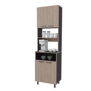 English Elm White Oak Modern Pantry Cabinet with Open Shelves, 4 Doors, Wengue Accents & Metal Legs - Sleek Storage Solution B062P323175