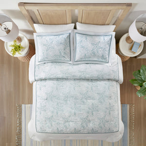English Elm Comforter Set - Coastal Seafoam Blue Cal King With Seashell Embroidery For Luxurious Sleep Experience B03595729
