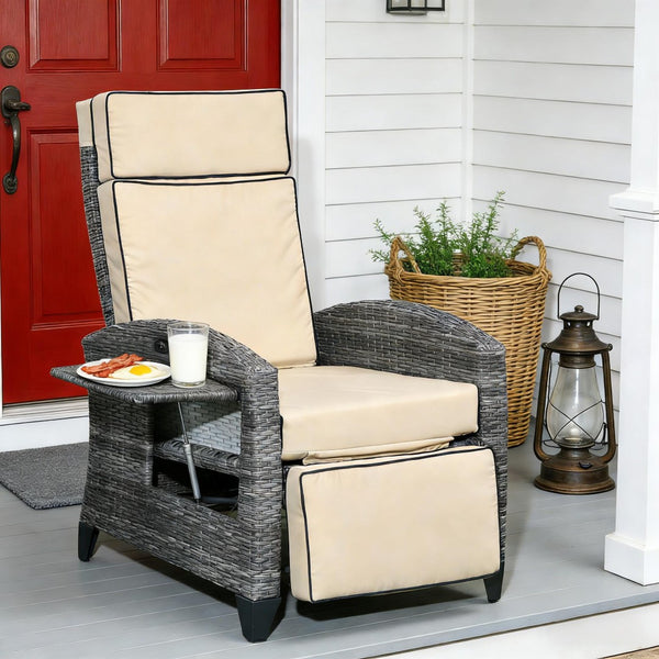 English Elm Reclining Outdoor Wicker Lounge Chair with Side Tray Thick Cushions Patio Resort T3971P444387