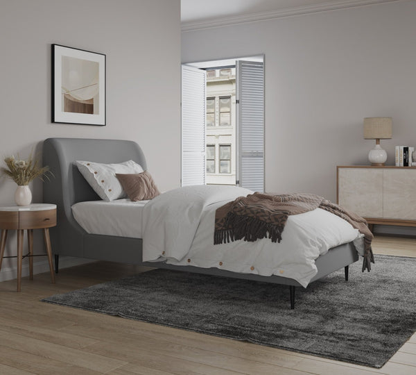 English Elm Twin Velvet Upholstered Bed with Arched Headboard and Sleek Metal Legs for Bedroom Grey+Black B365S00154