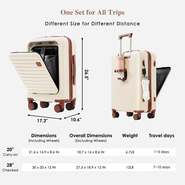 English Elm Front Opening Abs Hard Shell Carry on Set with Usb Port Cup Holder and Spinner Wheels Ivory N726P268998O