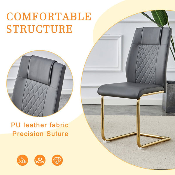 English Elm Table and Chair Set Marble Tempered Glass Top Gold Sculptural Legs Four Pu Seats Black+Gold,Dark Gray W1151S03296