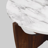 28" Round Coffee Table with Open Crossed Arch Base Calacatta Marble, Dark Walnut LNAL1K2CMDW Walker Edison