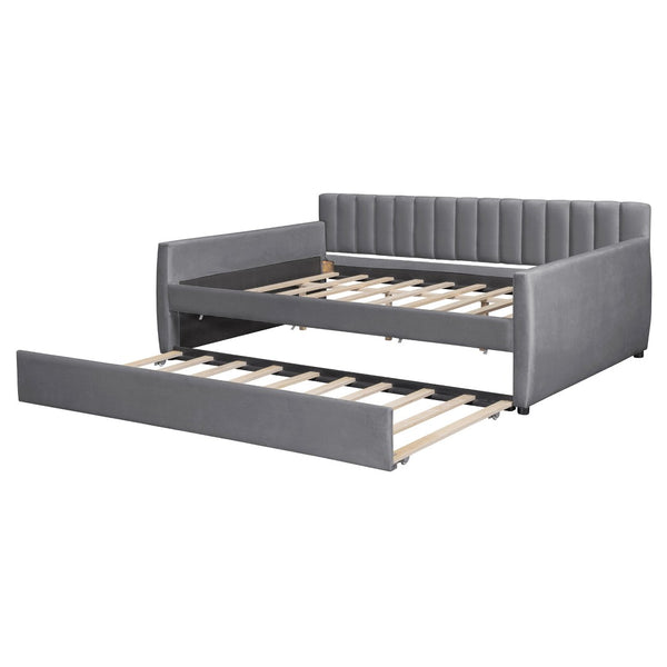 English Elm Full Size Velvet Upholstered Daybed with Pull Out Trundle and Wood Slat Support Gray LP100121AAE