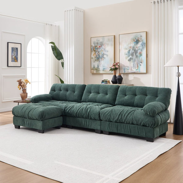 English Elm Modular Cloud Sectional Sofa Flannelette Deep Seat L Shape with Movable Ottoman Green W2120S00035