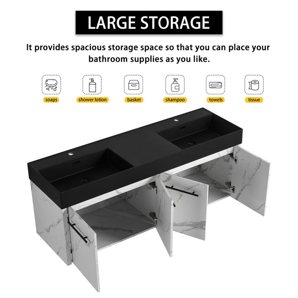English Elm 60 Inch Wall-Mounted Bathroom Vanity With Double Black Resin Sink – Modern, Durable & Stylish Design W999S00255