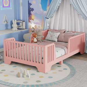 English Elm Twin Montessori Floor Bed with Safety Rails Hinged Door and Plywood Slats for Kids Pink W2593P381410