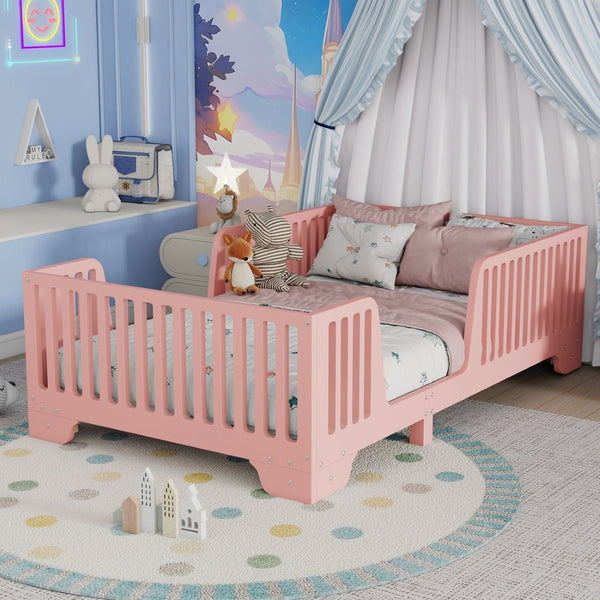 English Elm Twin Montessori Floor Bed with Safety Rails Hinged Door and Plywood Slats for Kids Pink W2593P381410