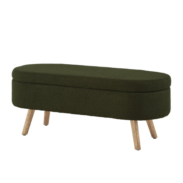 English Elm Luxury Boucle Oval Ottoman Bench with Hidden Storage Rubberwood Legs Entryway Seat Dark Green W2186P430721